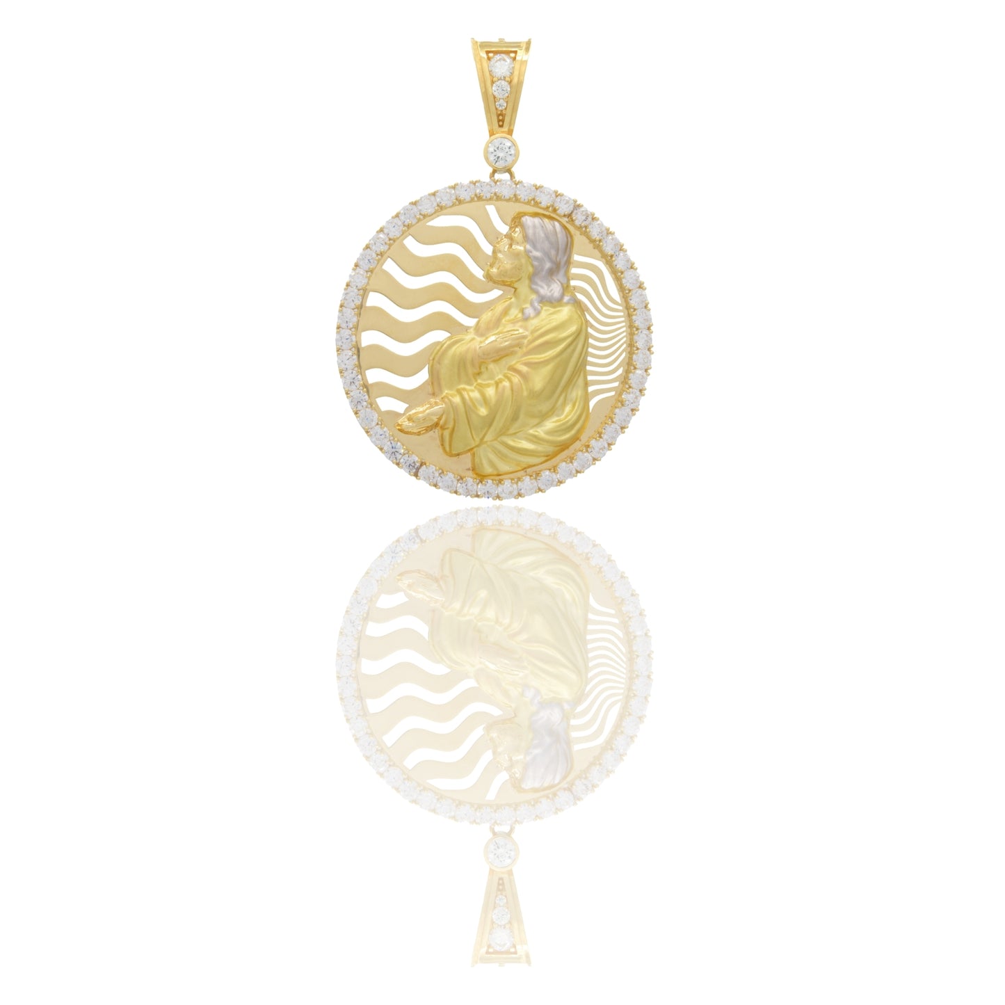 Ciondolo Oro Giallo Oro Bianco Oro 18 carati Medaglia Profilo Di Gesu' Zirconi Bianchi