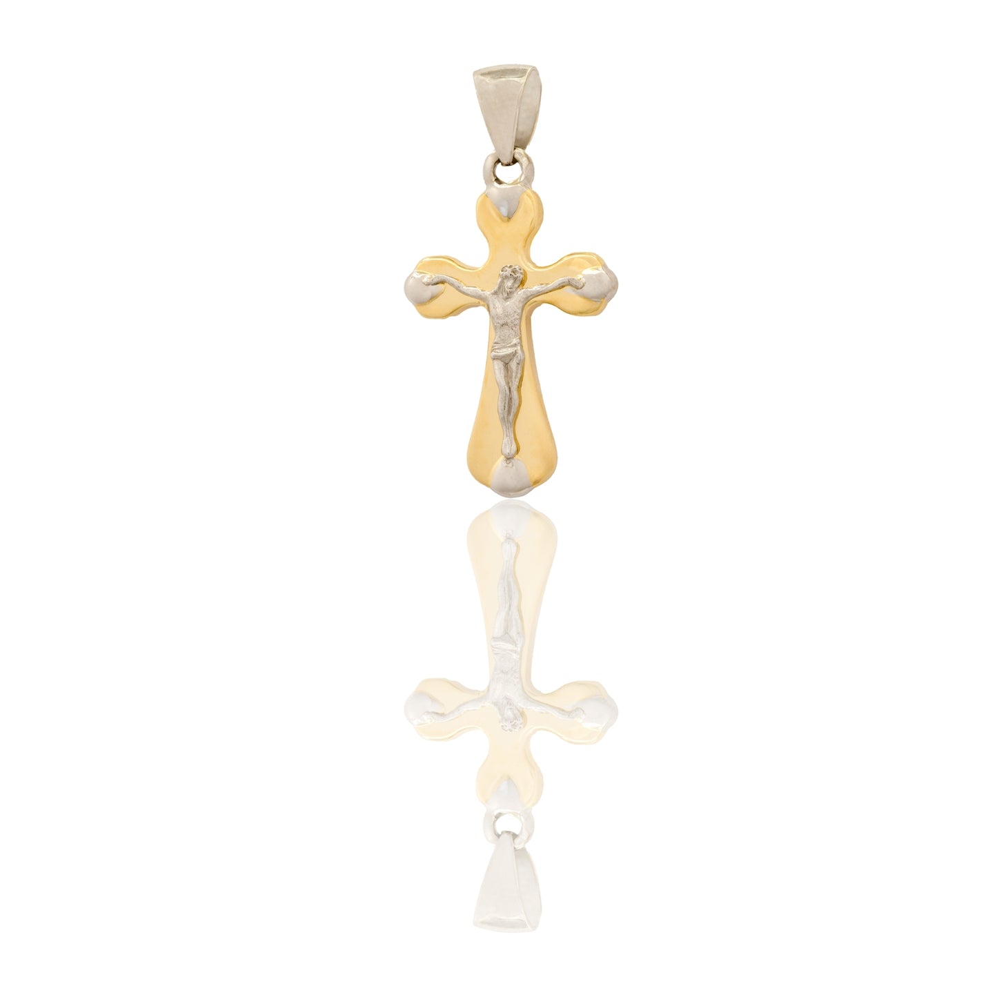 Ciondolo Oro Giallo Oro Bianco Oro 18 carati Croce Arrotondata Con Cristo Solo Oro