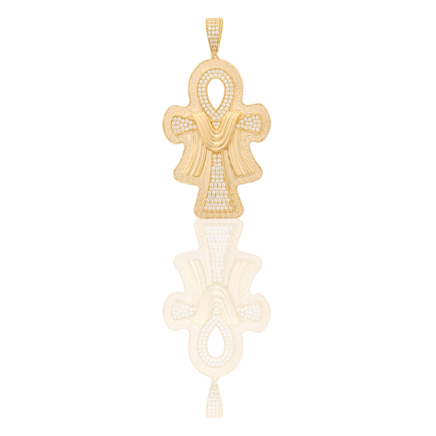 Ciondolo Oro Giallo Oro 18 carati Croce Della Vita Zirconata Con Sciarpa Contorno Diamantato Zirconi Bianchi cm.6,5 x 3,5