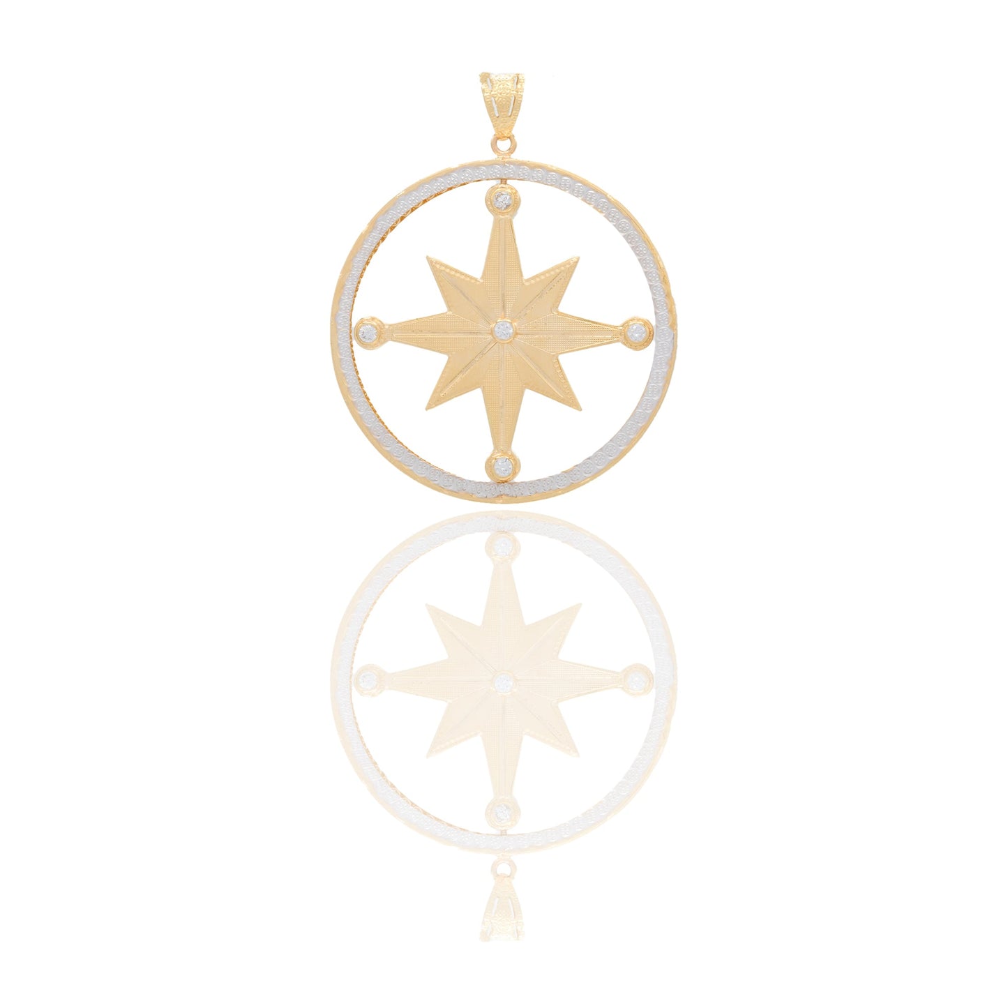 Ciondoli Oro Giallo Oro Bianco Oro 18 carati Rosa dei venti tonda double face Zirconi Bianchi 6cm x 5cm