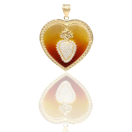Ciondoli Oro Giallo Oro 18 carati Cuore Sacro Portafoto Zirconi Bianchi, Smalto rosso 4,7cm x3,9cm
