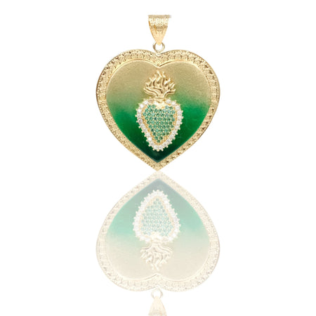Ciondoli Oro Giallo Oro 18 carati Cuore Sacro Portafoto Zirconi Bianchi, Zirconi Verdi, Smalto Verde 4,7cm x3,9cm
