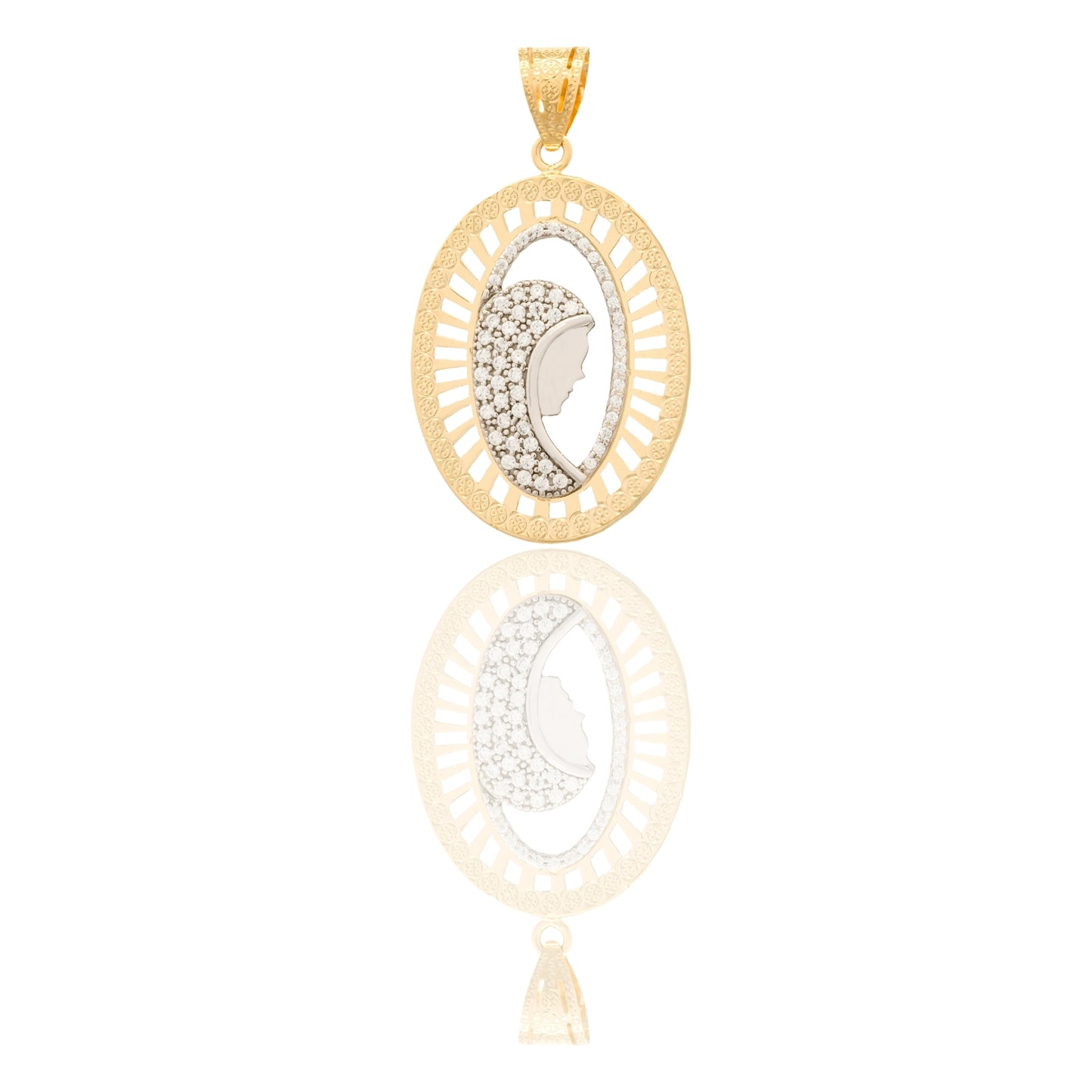 Ciondolo Oro Giallo Oro Bianco Oro 18 carati Madonna Di Profilo Velo Zirconato Contorno Traforato Zirconi Bianchi cm.4,5