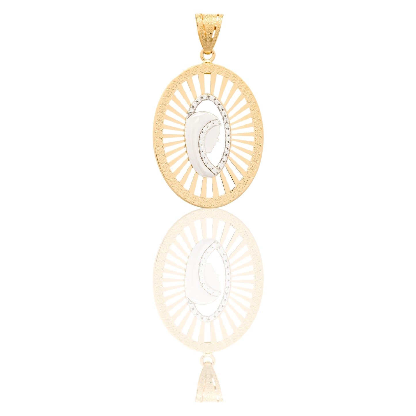 Ciondolo Oro Giallo Oro Bianco Oro 18 carati Madonna Di Profilo Velo Zirconato Contorno Traforato Zirconi Bianchi cm.4,5