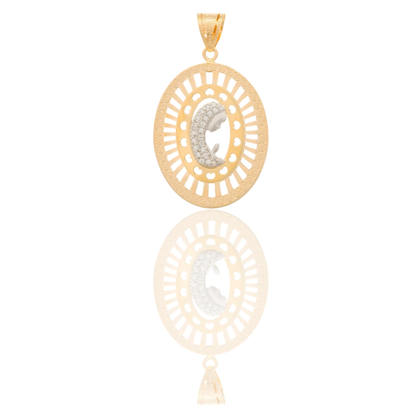 Ciondolo Oro Giallo Oro Bianco Oro 18 carati Madonna Di Profilo Velo Zirconato Contorno Traforato Zirconi Bianchi cm.4,5
