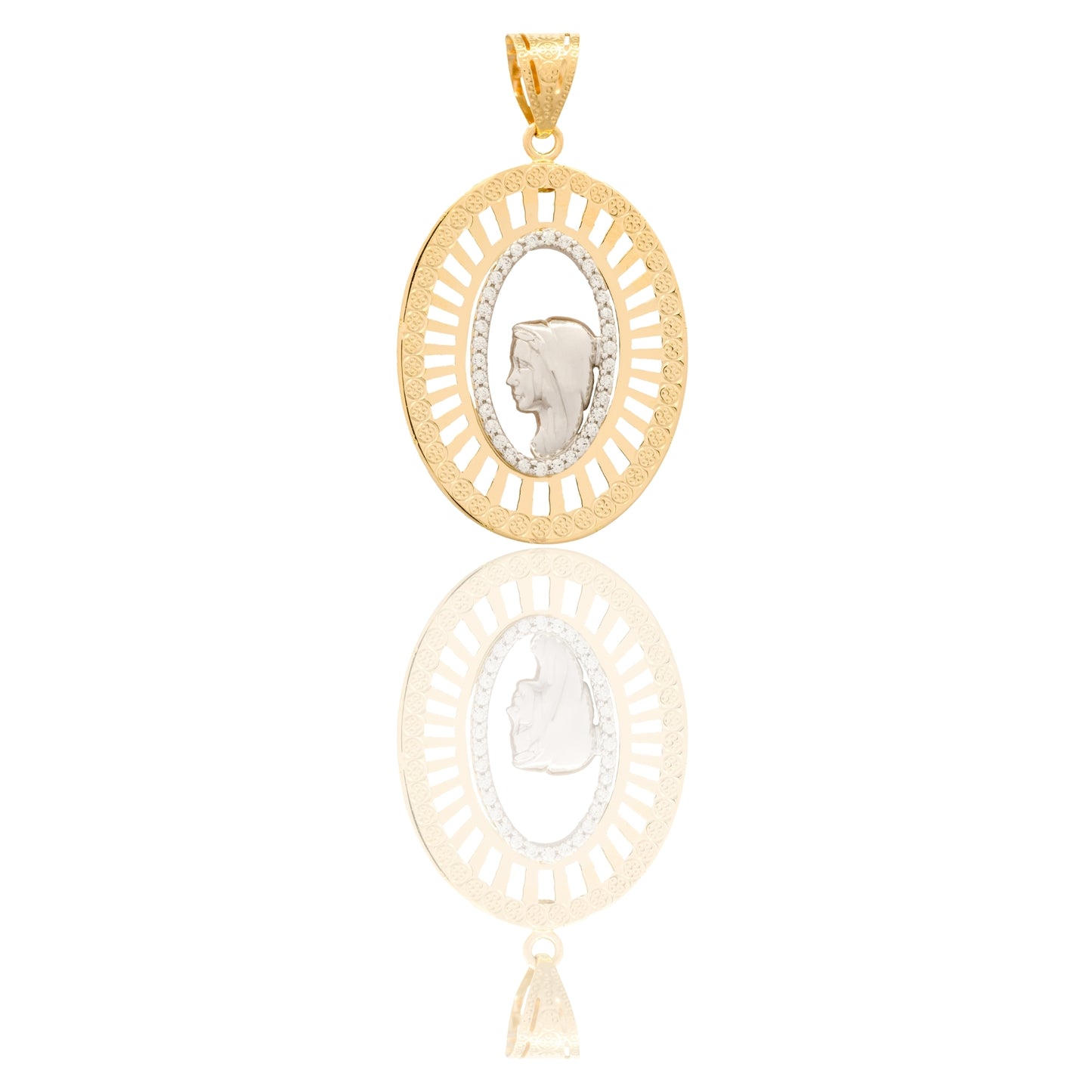 Ciondolo Oro Giallo Oro Bianco Oro 18 carati Madonna Di Profilo Con Velo Liscio Contorno Diamantato Solo Oro cm.4,5