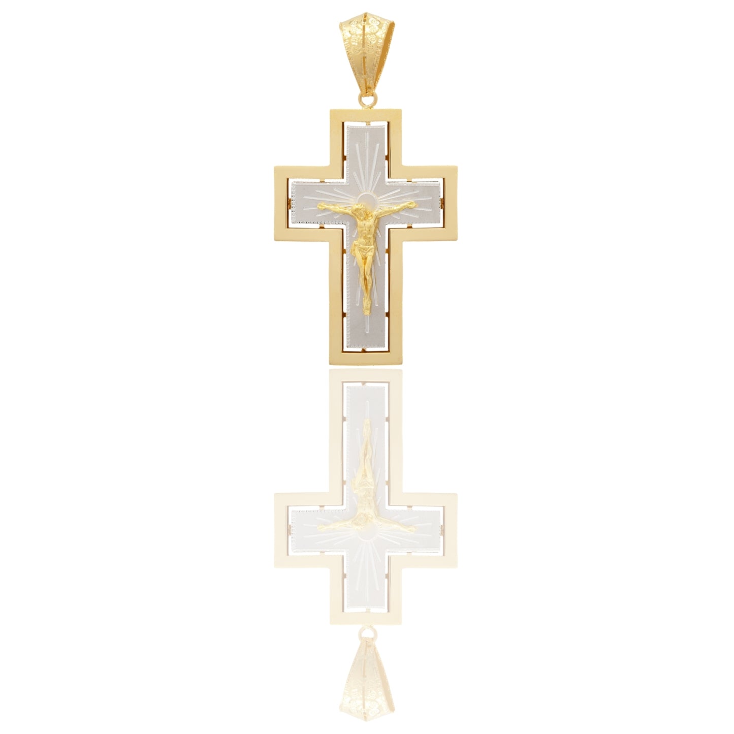 Ciondolo Oro Giallo Oro Bianco Oro 18 carati Croce Interno Bianco Satinato Con Cristo Solo Oro