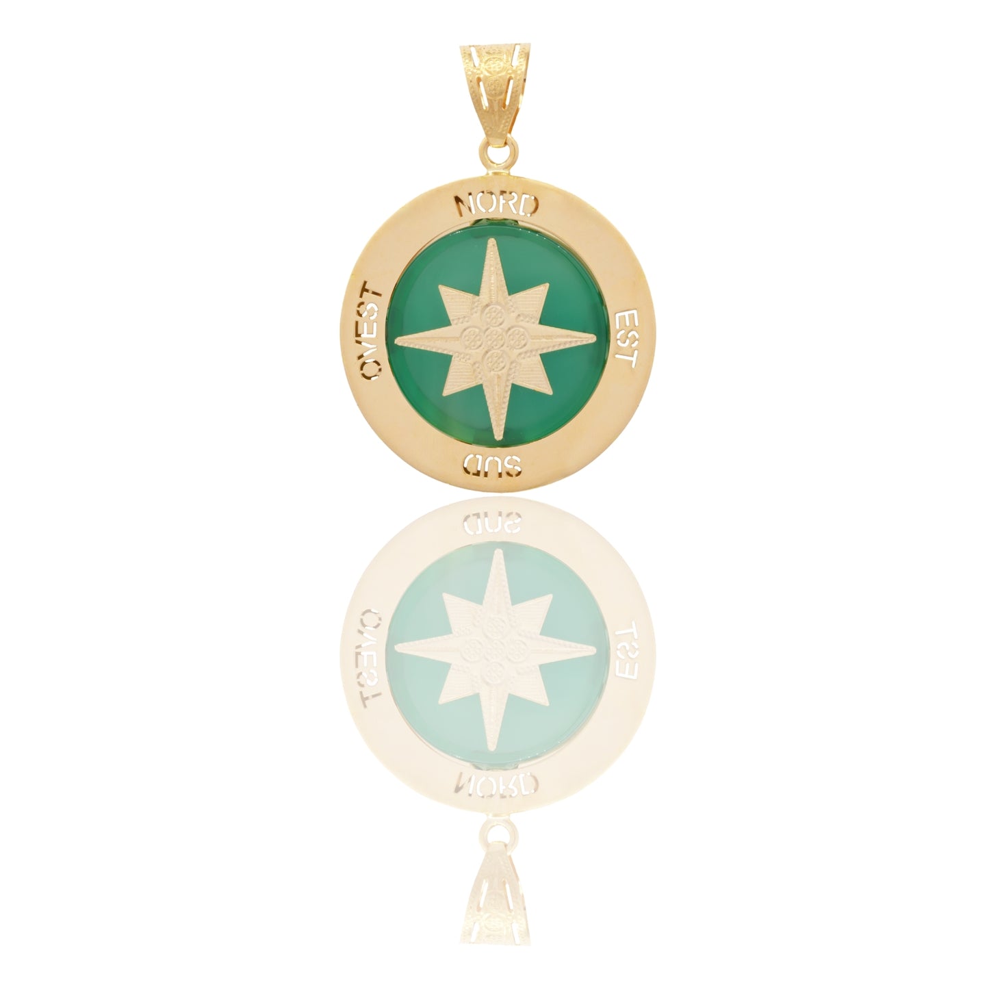 Ciondolo Oro Giallo Oro 18 carati Tondo Con Rosa Dei Venti Su Pietra Pietra Verde cm.4,0
