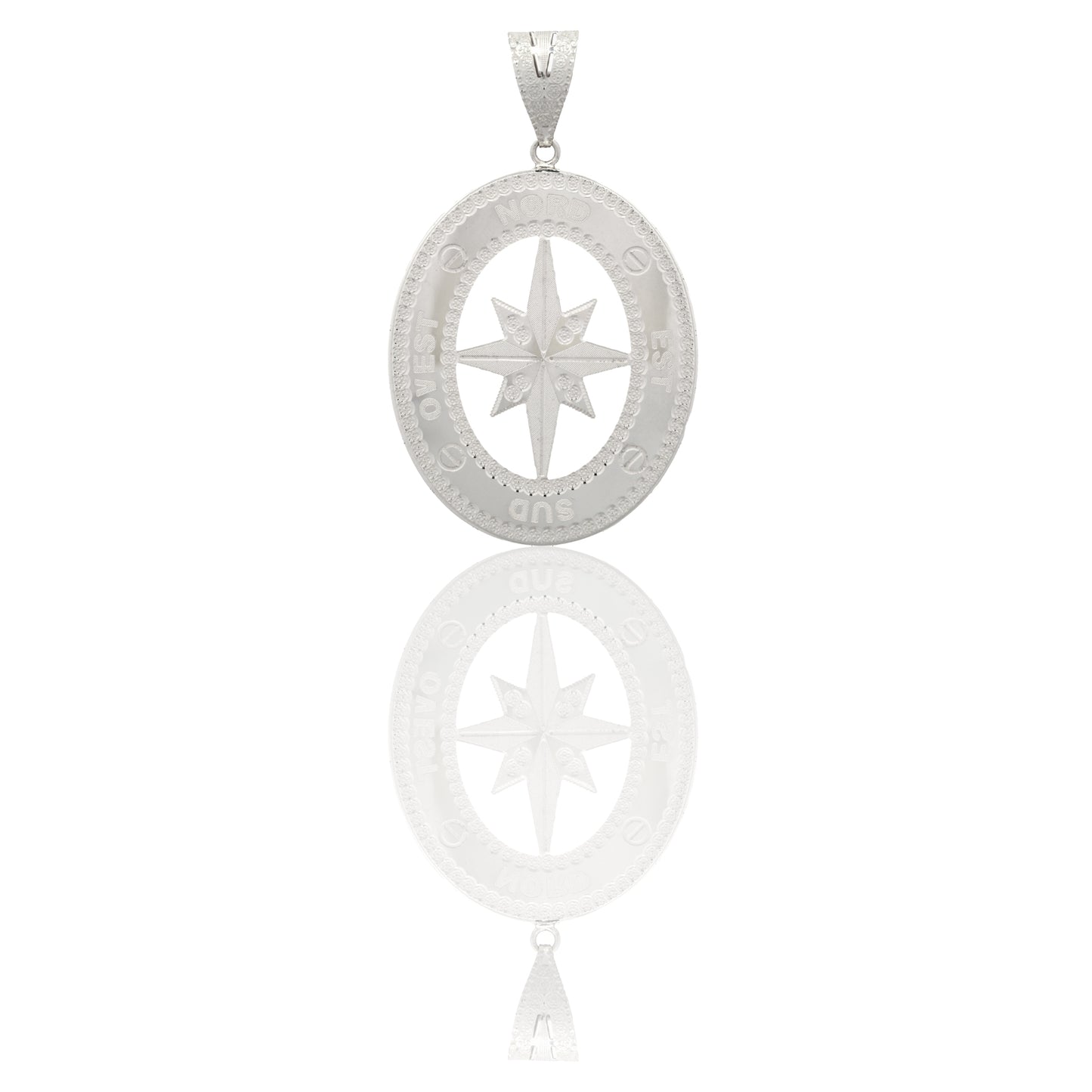 Ciondolo Oro Bianco Oro 18 carati Quadrato Traforato Con Rosa Dei Venti Ovale Solo Oro cm.7x4,5