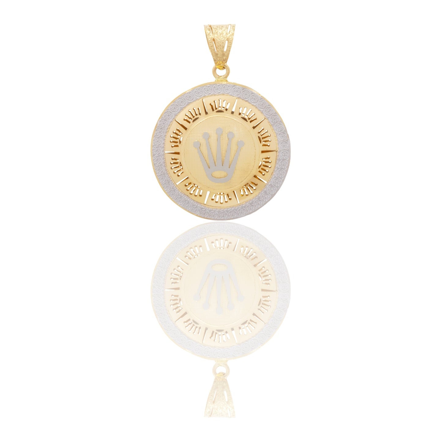 Ciondolo Oro Giallo Oro Bianco Oro 18 carati Tondo Con Corona E Contorno Traforato Solo Oro cm.4,0