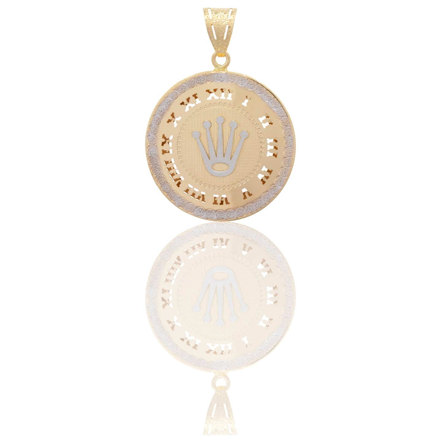 Ciondolo Oro Giallo Oro Bianco Oro 18 carati Tondo Con Corona E Bordo Traforato Solo Oro