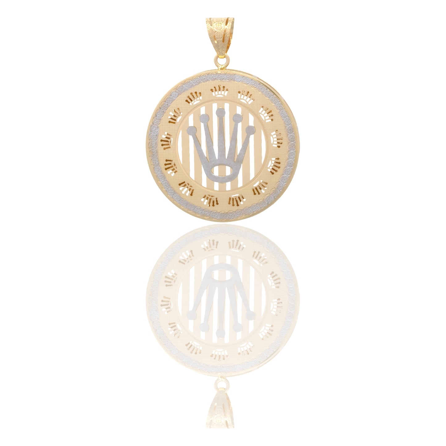 Ciondolo Oro Giallo Oro Bianco Oro 18 carati Tondo Fondo Rigato Corona Laser Contorno Diamantato E Greca Solo Oro cm.5,0