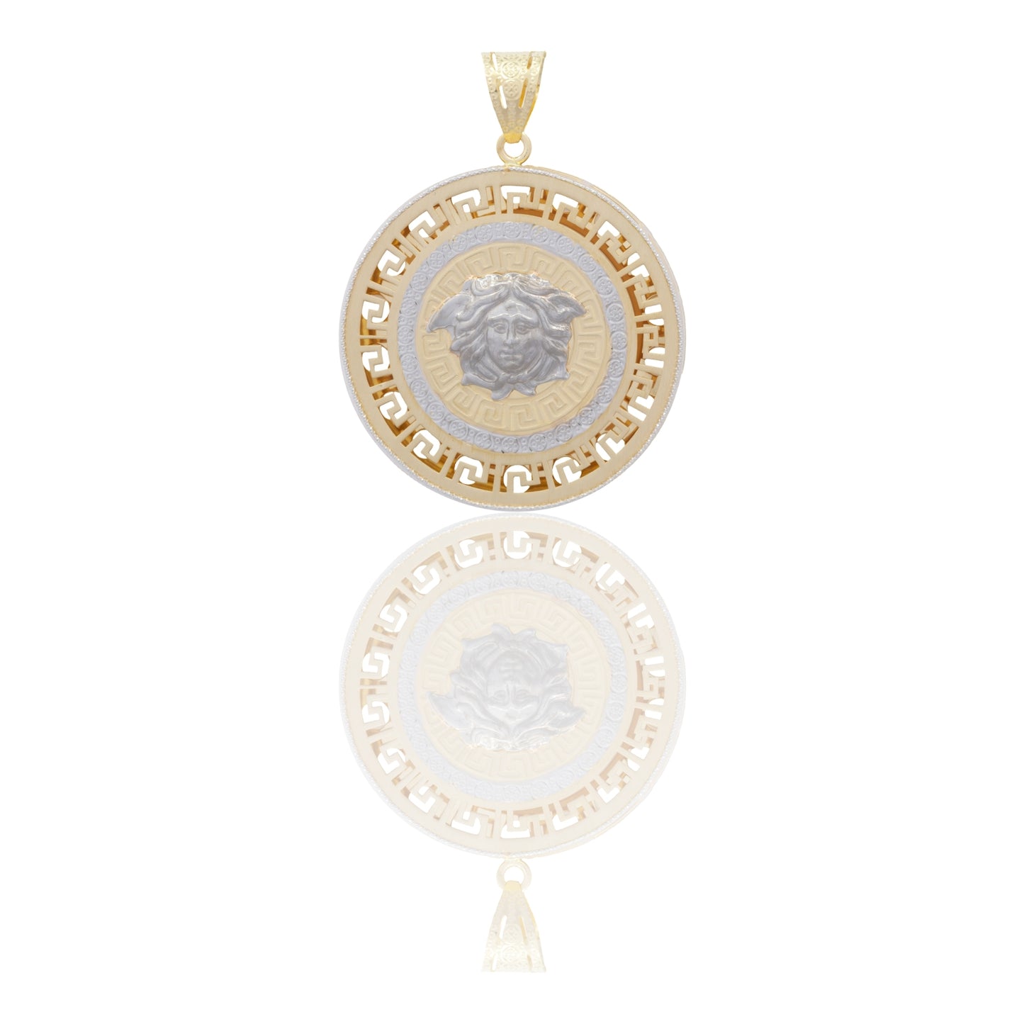 Ciondolo Oro Giallo Oro Bianco Oro 18 carati Tondo Medusa Centrale Contorno Greca Solo Oro cm.4,5