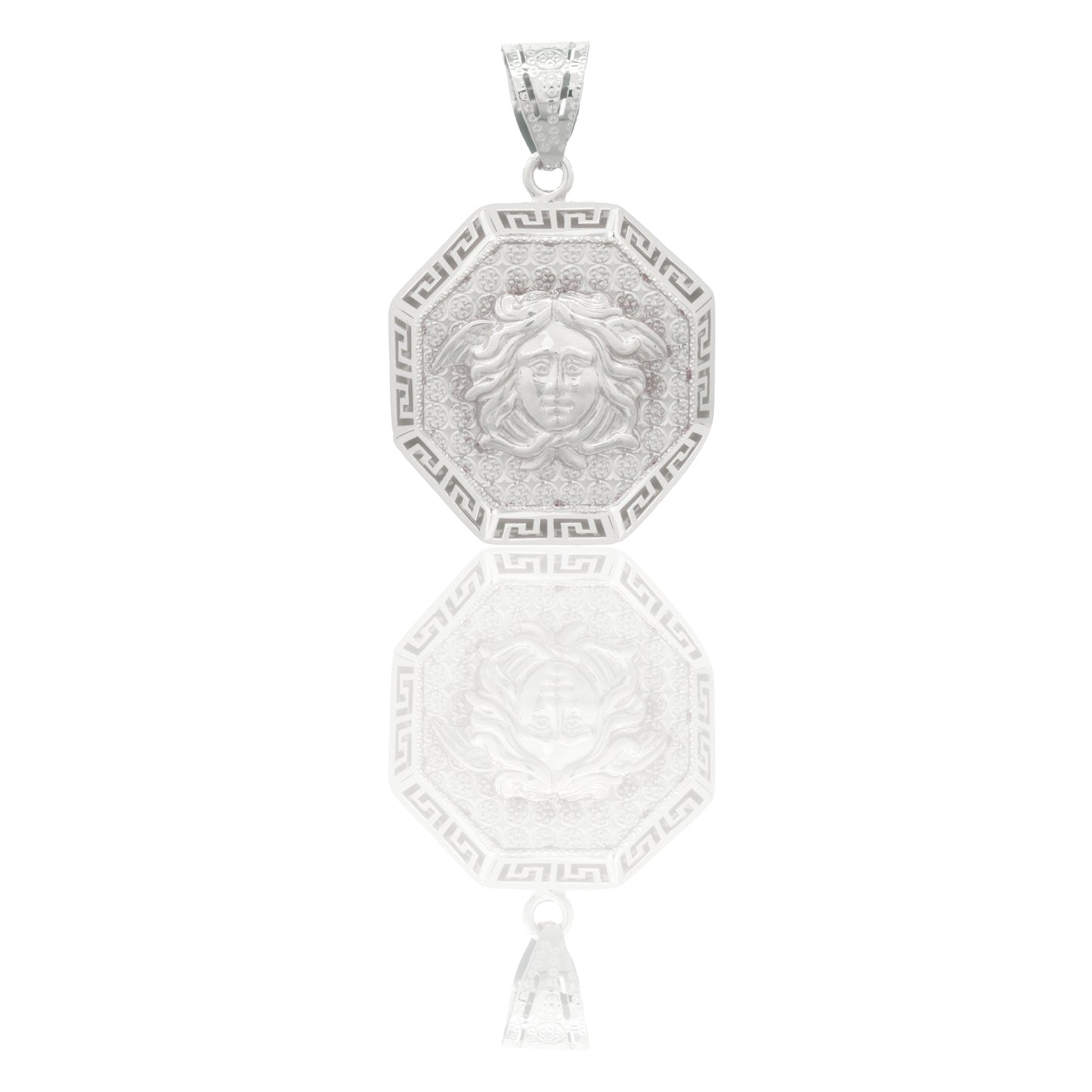 Ciondolo Oro Bianco Oro 18 carati Ottagonale Diamantato Con Greca Traforata E Medusa Solo Oro cm.3,5