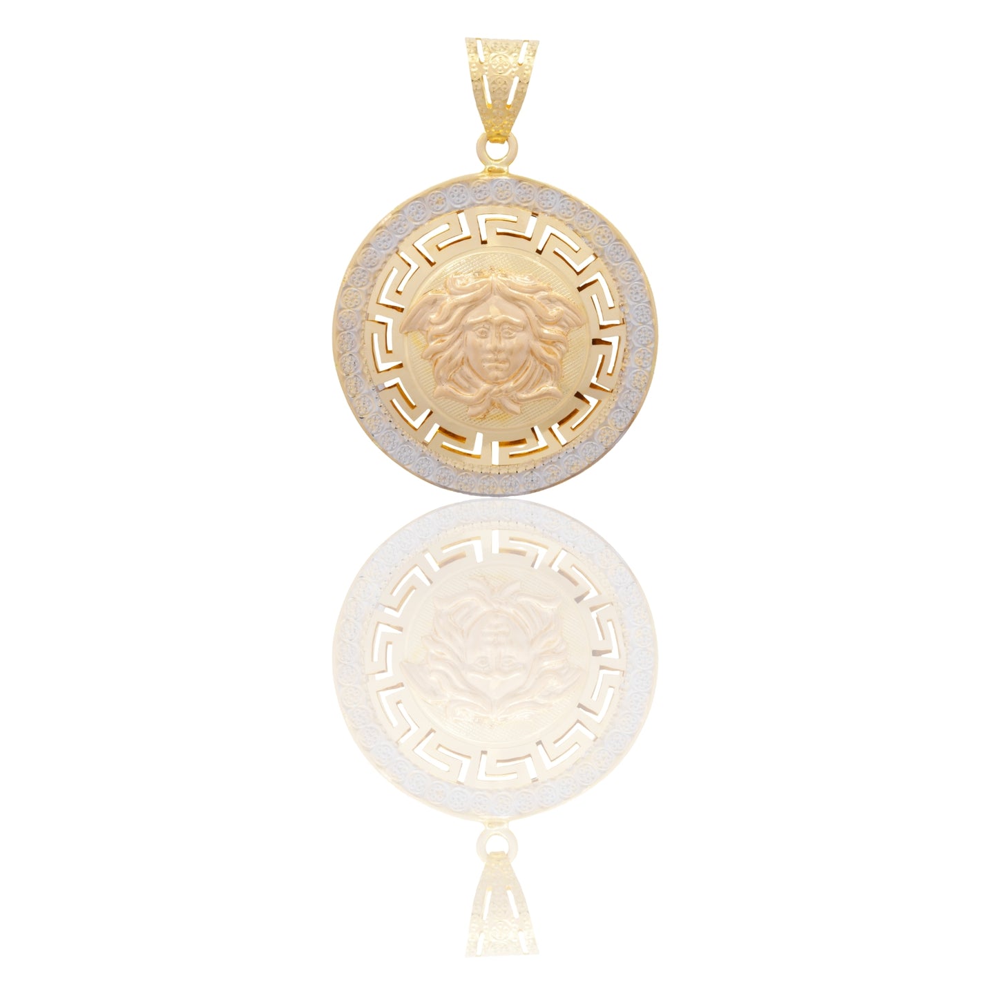 Ciondolo Oro Giallo Oro Bianco Oro 18 carati Tondo Con Medusa E Greca Solo Oro cm.4,0