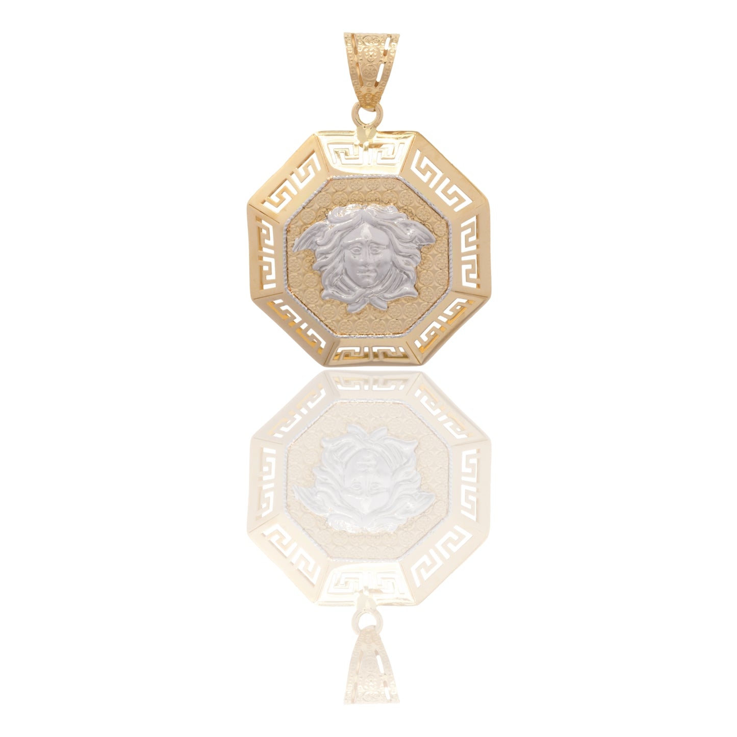 Ciondolo Oro Giallo Oro Bianco Oro 18 carati Ottagono Con Medusa E Greca Solo Oro cm.4,0