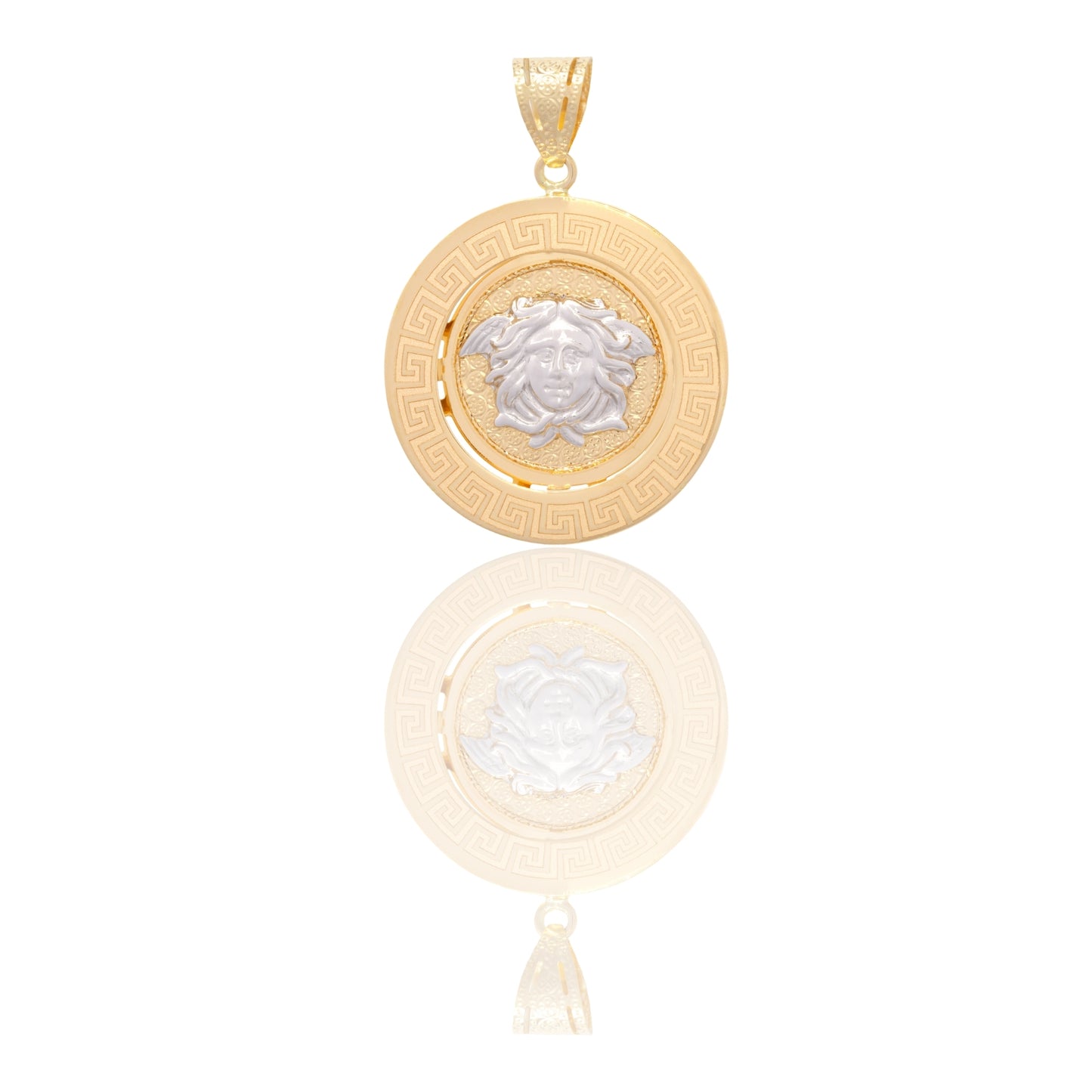 Ciondolo Oro Giallo Oro Bianco Oro 18 carati Tondo Con Medusa E Greca Solo Oro cm.4,0