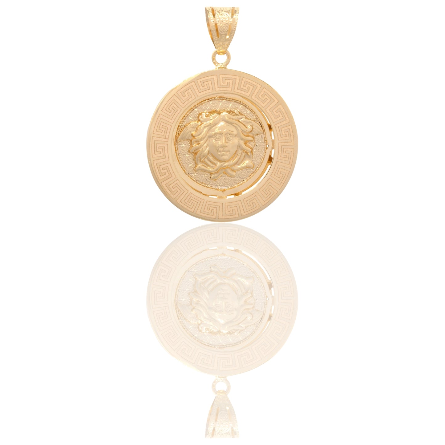 Ciondolo Oro Giallo Oro 18 carati Tondo Con Medusa E Greca Solo Oro