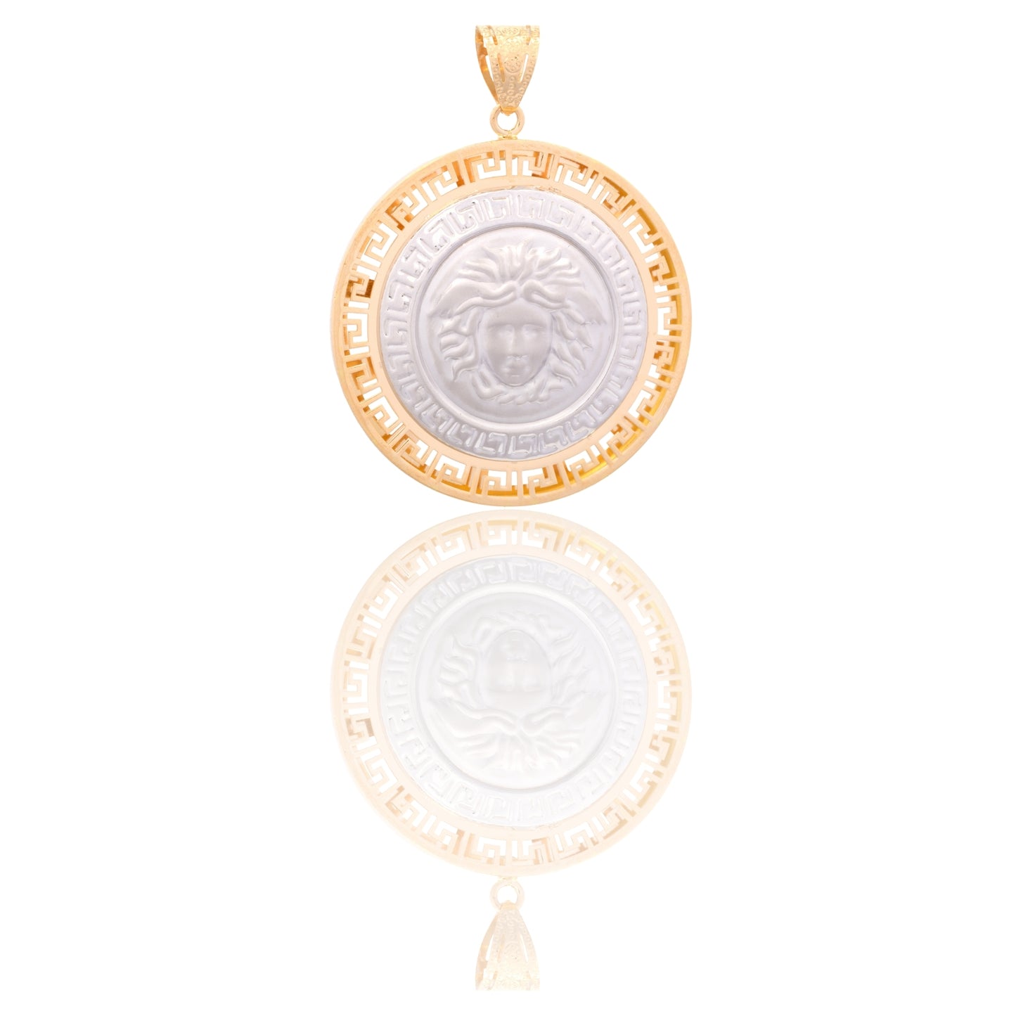 Ciondolo Oro Giallo Oro Bianco Oro 18 carati Tondo Con Medusa E Greca Solo Oro cm.5