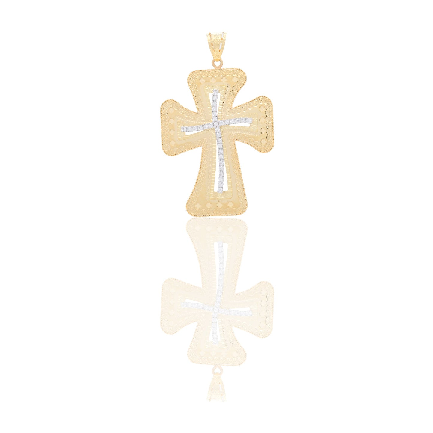 Ciondoli Oro Giallo Oro 18 carati Croce lavorata Zirconi Bianchi 6cm x 3,8cm