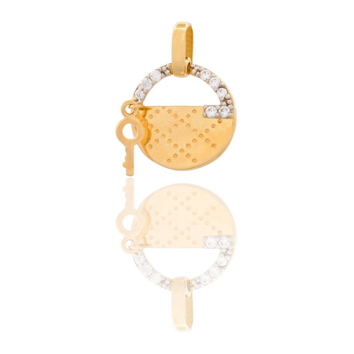 Ciondolo Oro Giallo Oro 18 carati Lucchetto Con Chiave Pendente Zirconi Bianchi cm.1,3