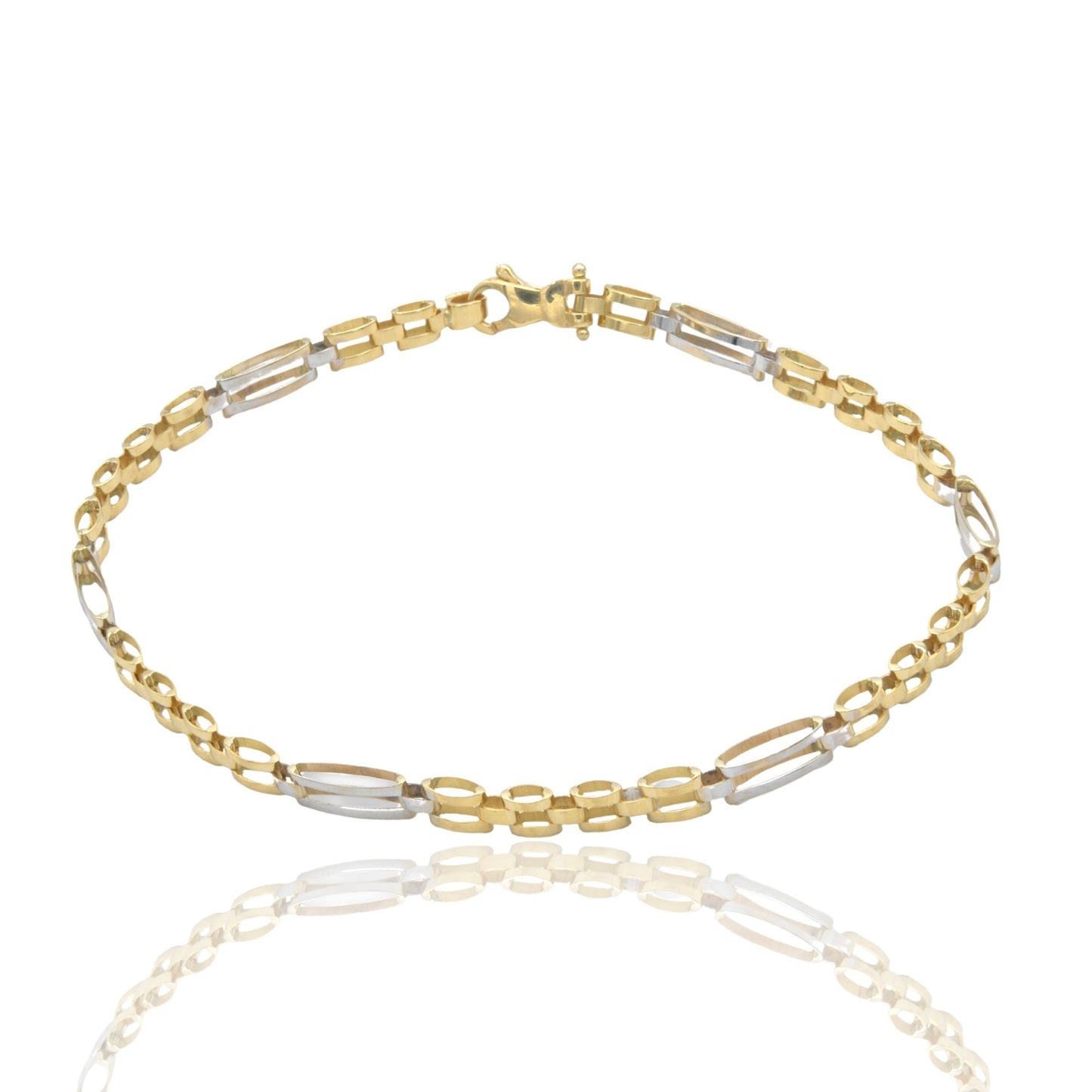 Bracciale Oro Giallo Oro Bianco Oro 18 carati Targhe Alternate E Maglie Solo Oro cm. 21