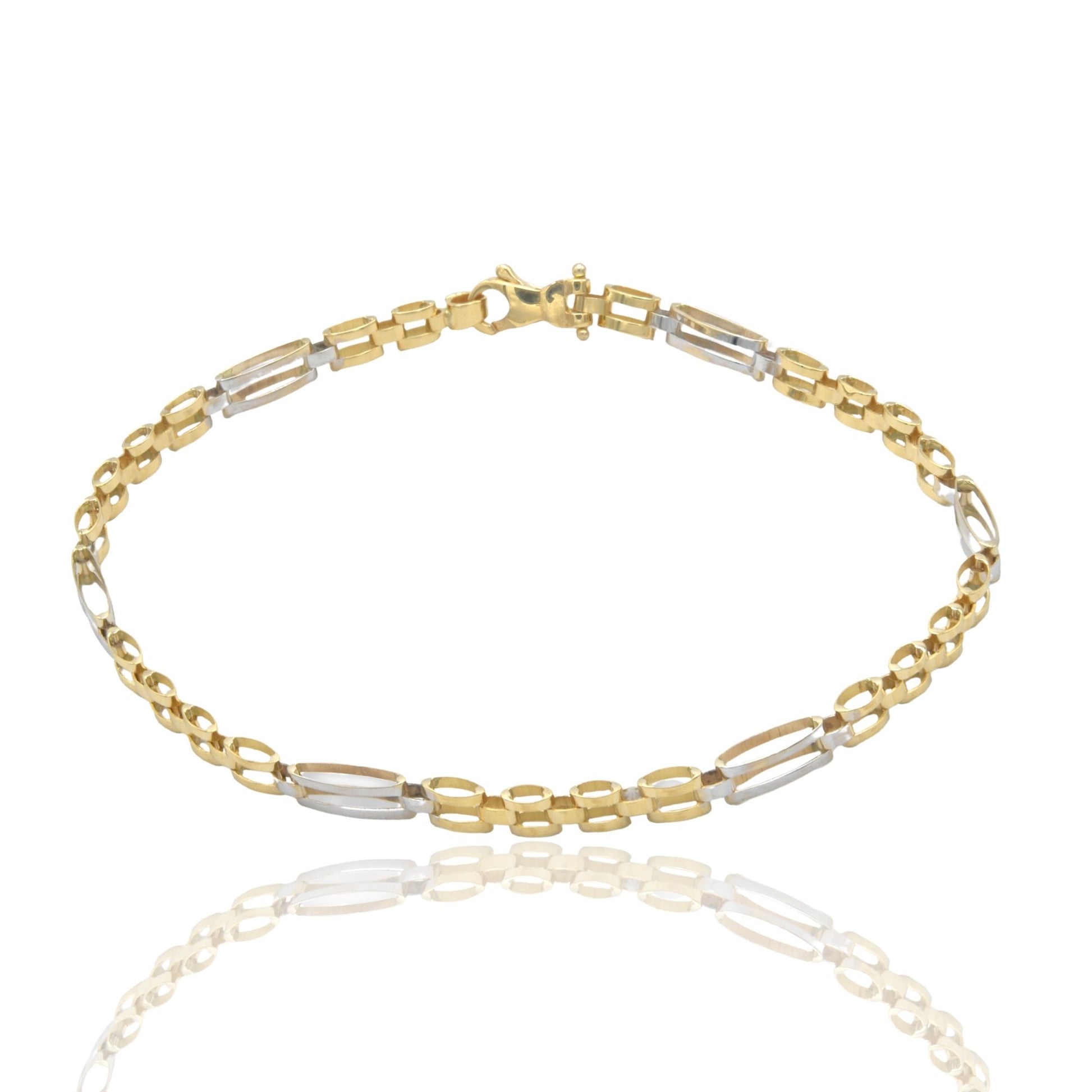 Bracciale Oro Giallo Oro Bianco Oro 18 carati Targhe Alternate E Maglie Solo Oro cm. 21