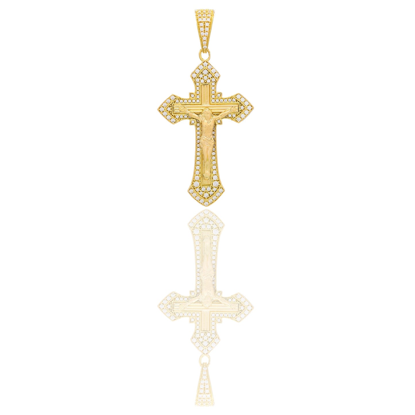 Ciondoli Oro Giallo Oro 18 carati Croce con Cristo rigata contorno pavè Zirconi Bianchi 5,9 cm x 2,9cm