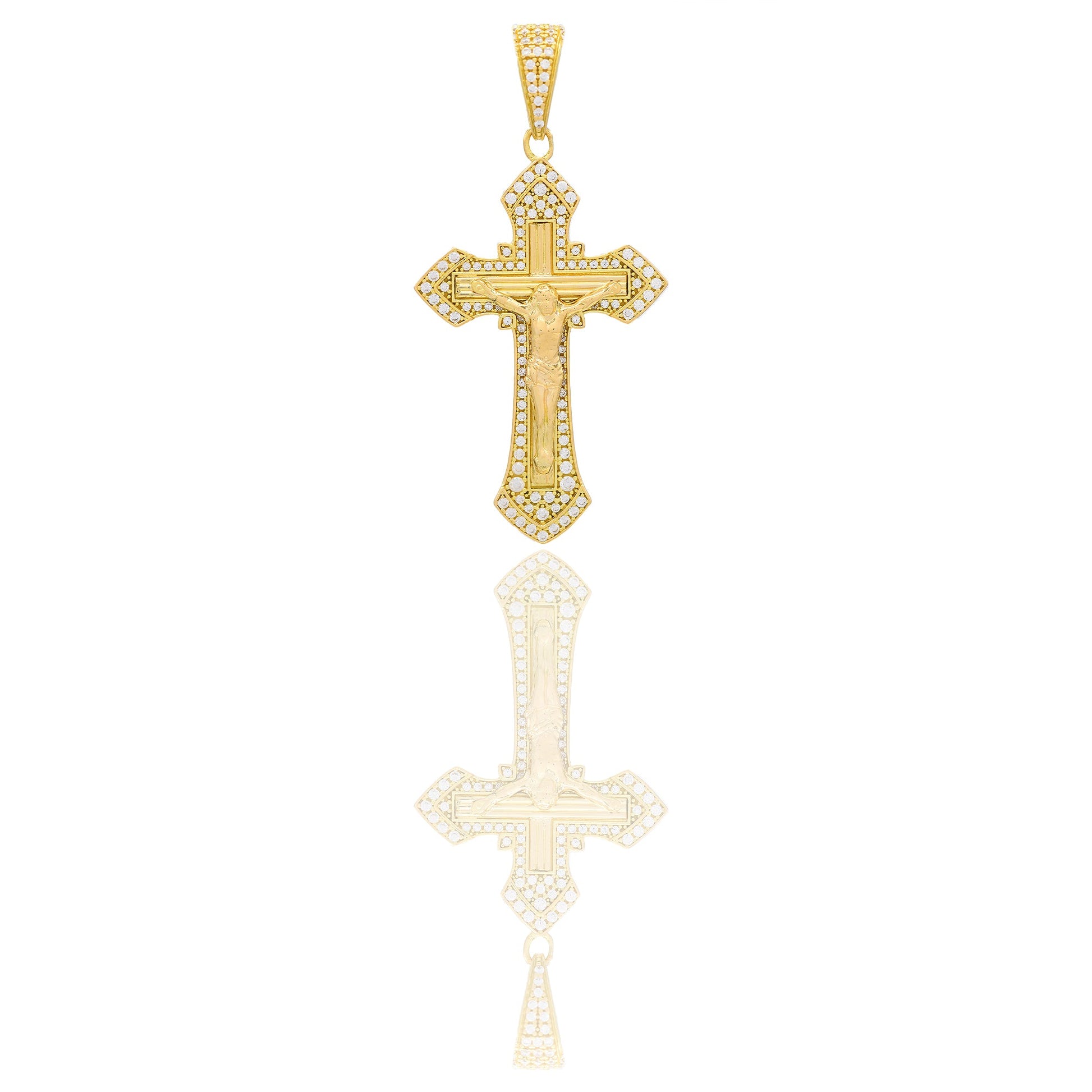 Ciondoli Oro Giallo Oro 18 carati Croce con Cristo rigata contorno pavè Zirconi Bianchi 5,9 cm x 2,9cm