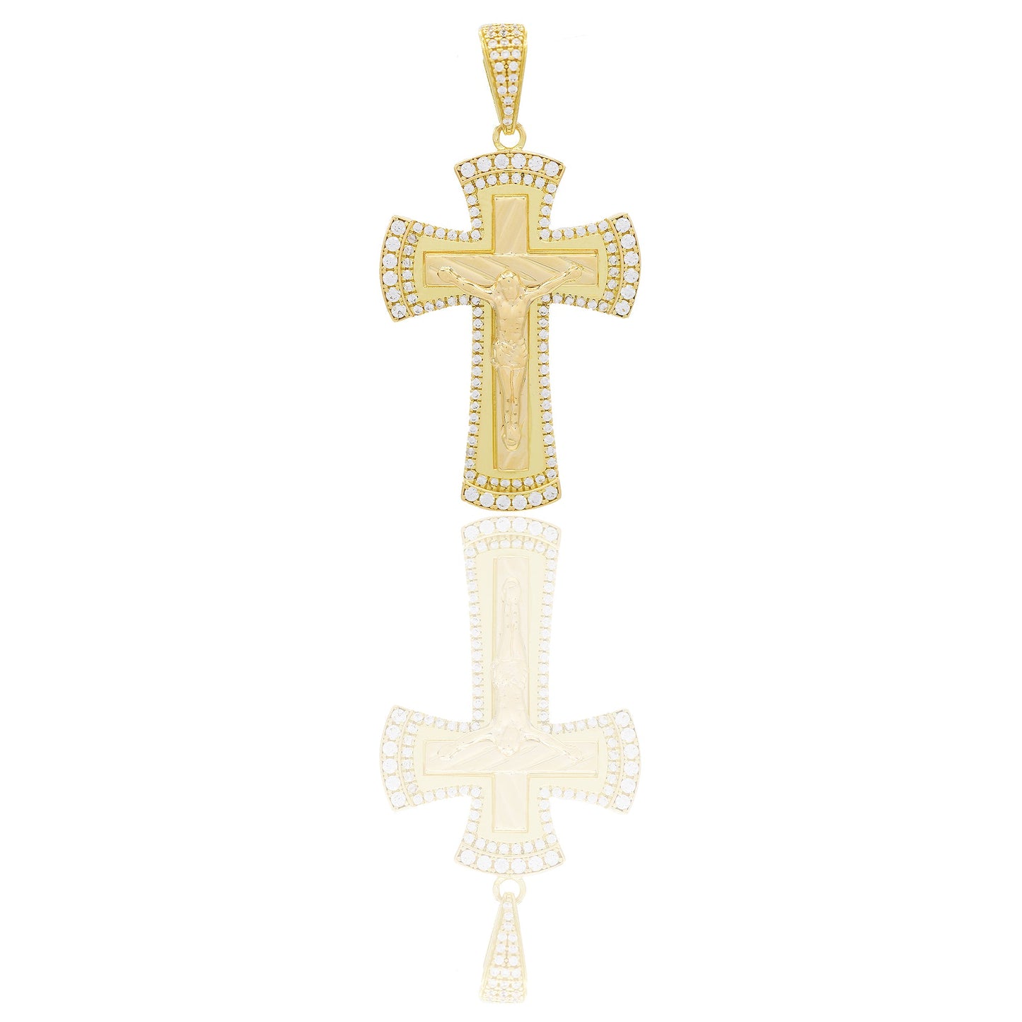 Ciondoli Oro Giallo Oro 18 carati Croce con Cristo rigata contorno pavè Zirconi Bianchi 5,8cm x 3,1cm