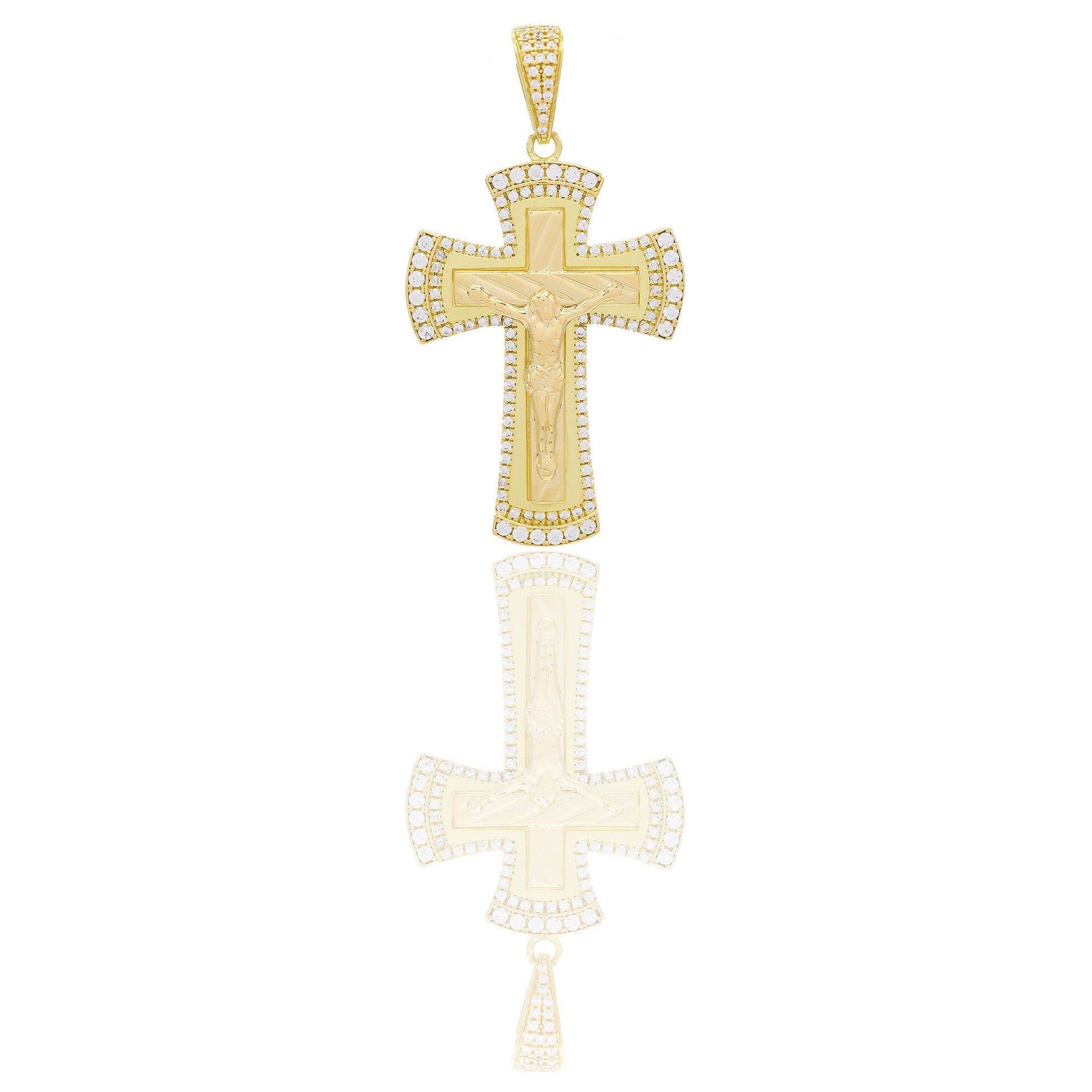 Ciondoli Oro Giallo Oro 18 carati Croce con Cristo rigata contorno pavè Zirconi Bianchi 5,8cm x 3,1cm
