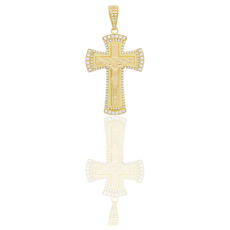 Ciondoli Oro Giallo Oro 18 carati Croce con Cristo rigata contorno pavè Zirconi Bianchi 5,8cm x 3,1cm