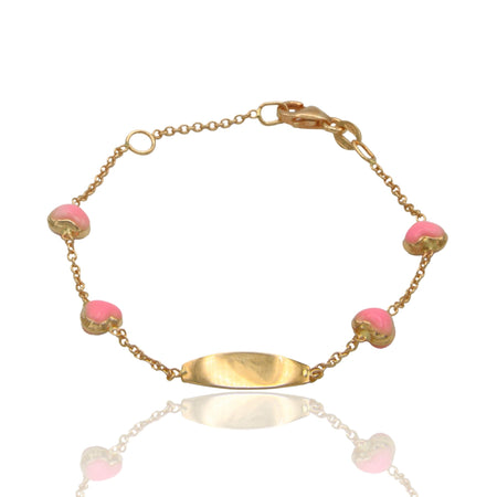 Bracciale Oro Giallo Oro 18 carati Baby Targa Cuori Smalto Rosa cm. 15,5