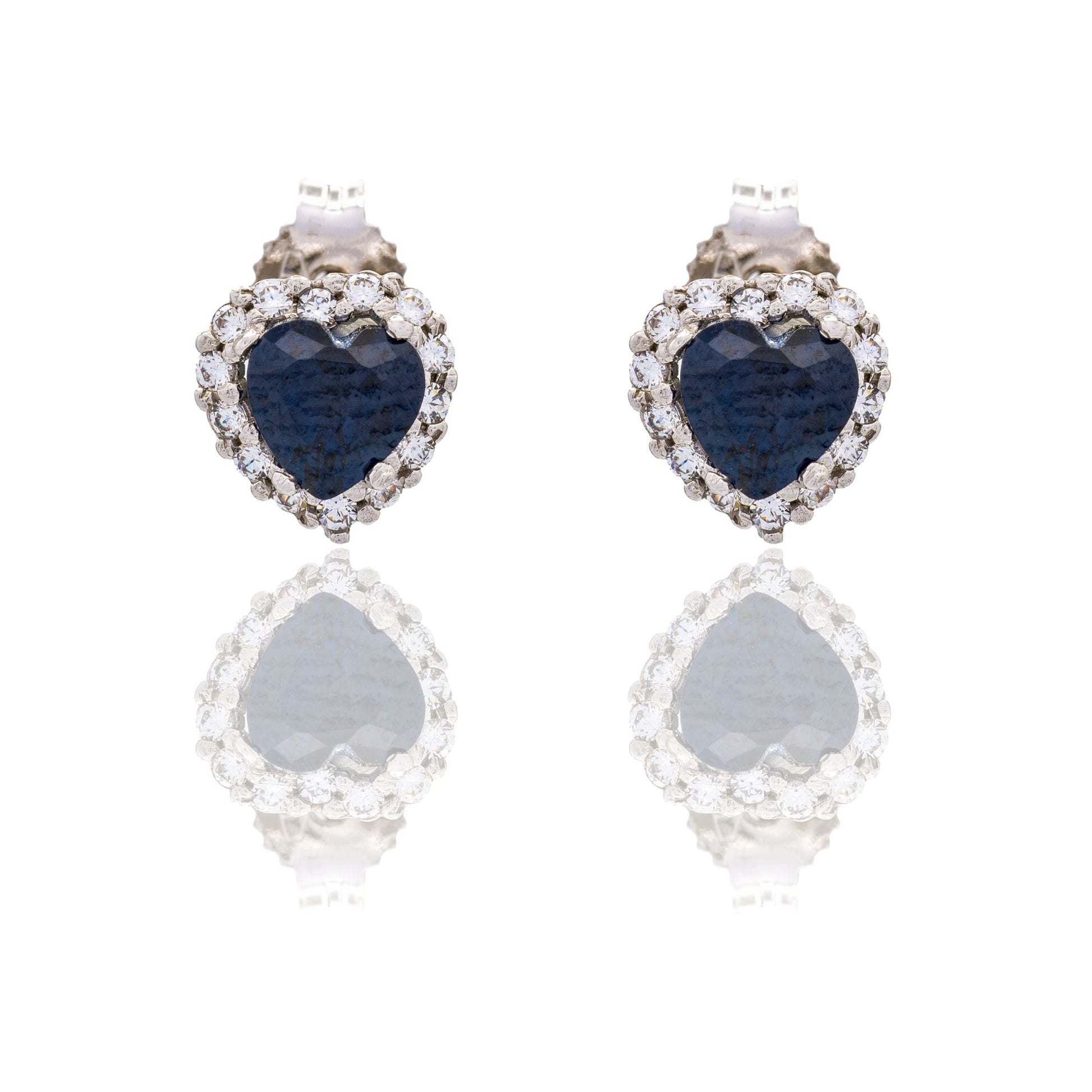 Orecchini Oro Bianco Oro 18 carati Cuore Con Contorno Zirconi Bianchi, Zircone Blu 