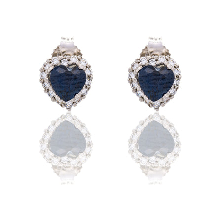 Orecchini Oro Bianco Oro 18 carati Cuore Con Contorno Zirconi Bianchi, Zircone Blu 