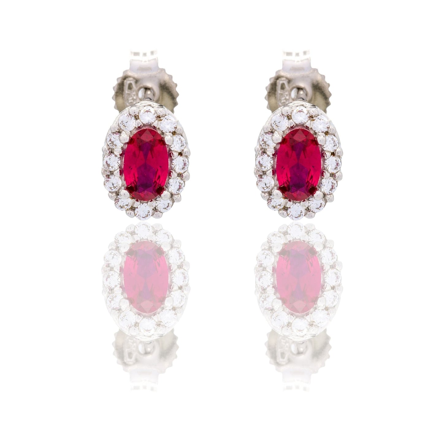 Orecchini Oro Bianco Oro 18 carati Ovale Con Contorno Zirconi Bianchi, Zircone Rosso 