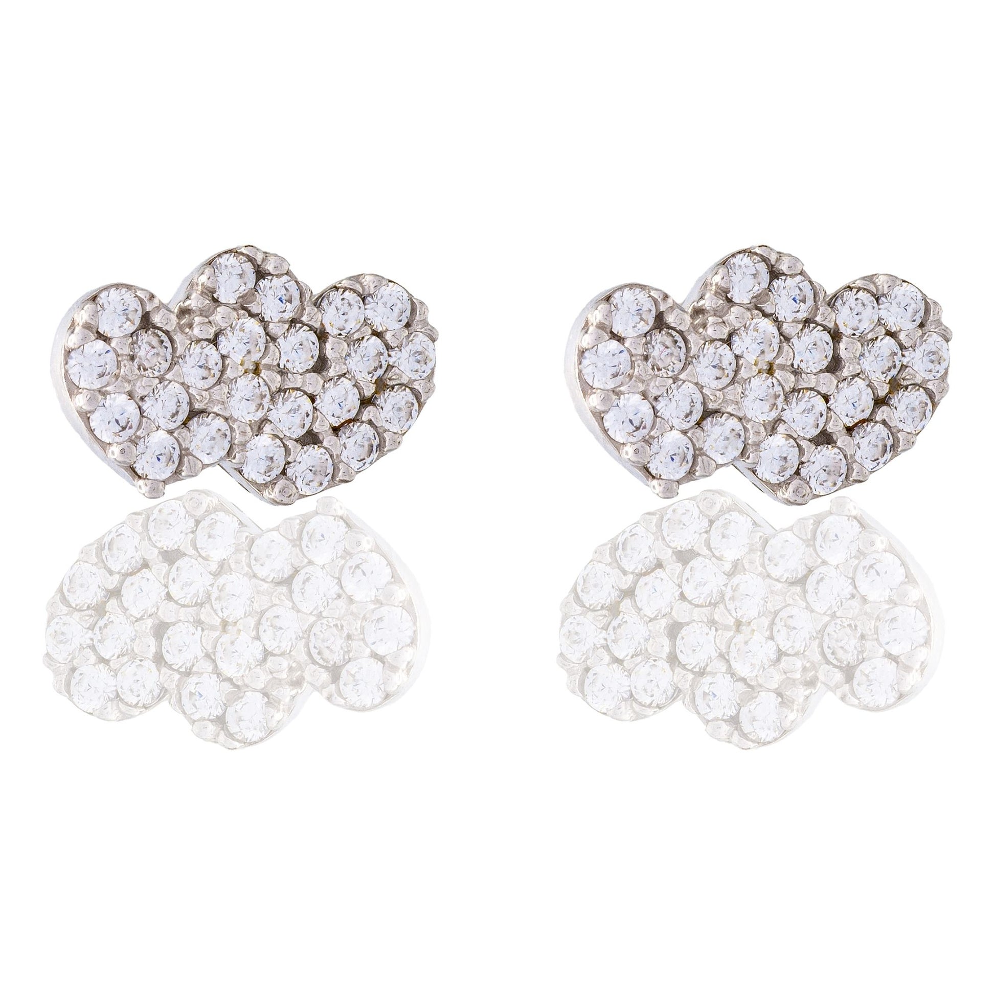 Orecchini Oro Bianco Oro 18 carati Doppio Cuore Pavè Zirconi bianchi