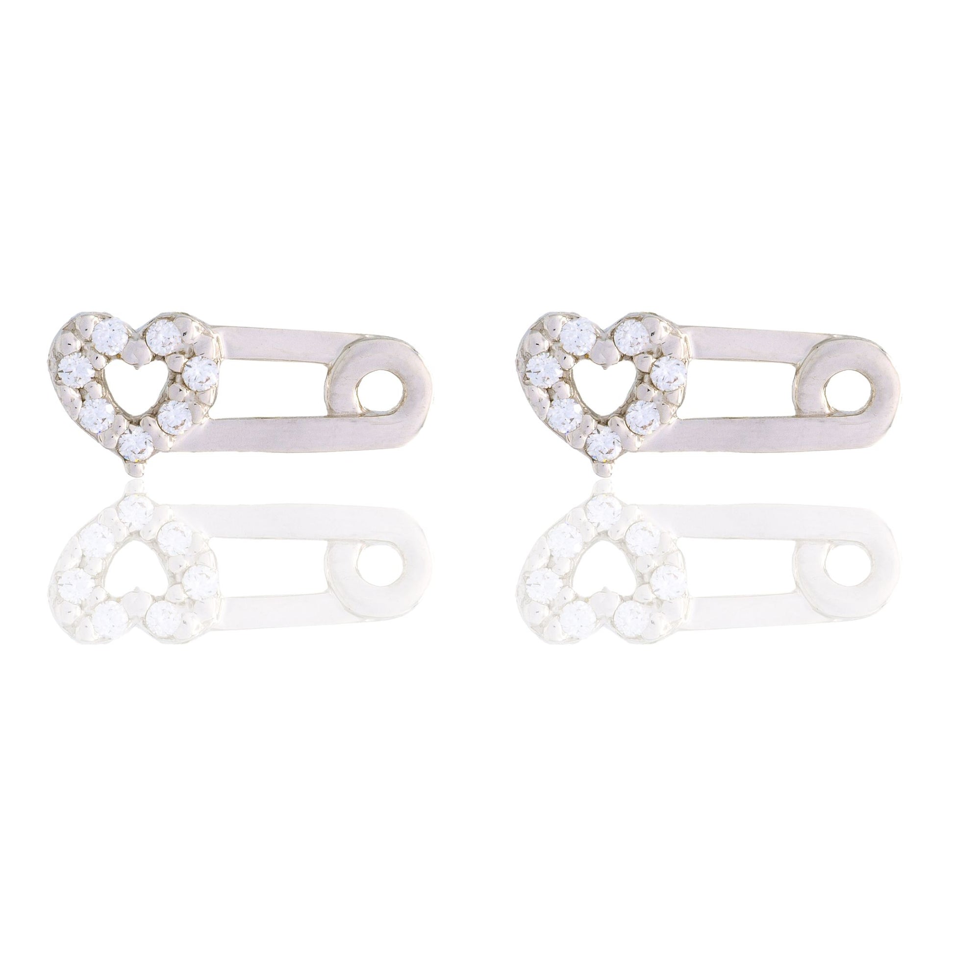 Orecchini Oro Bianco Oro 18 carati Spilla Con Cuore Zirconi Bianchi
