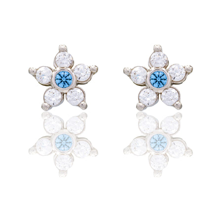 Orecchini Oro Bianco Oro 18 carati Fiore Pietra Zirconi Bianchi, Zircone Azzurro 