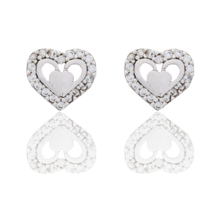 Orecchini Oro Bianco Oro 18 carati Doppio Cuore Aperto Con Contorno Zirconi Bianchi