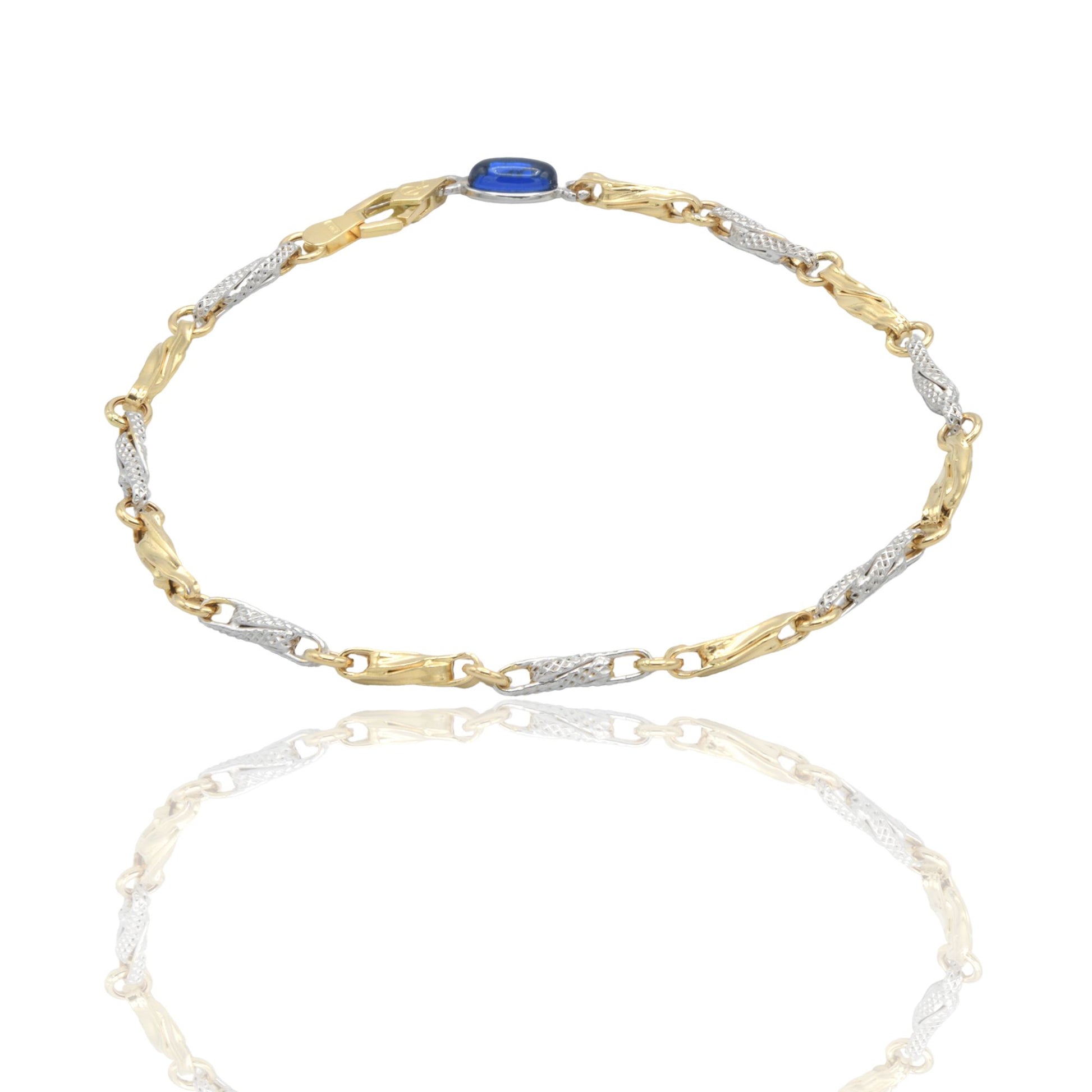 Bracciale Oro Giallo Oro Bianco Oro 18 carati Catena Intrecciata pietra blu cm. 21,5