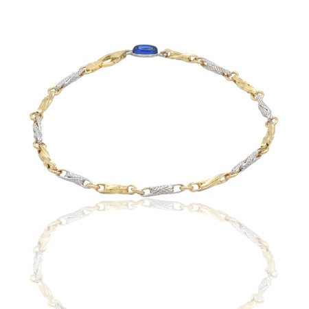 Bracciale Oro Giallo Oro Bianco Oro 18 carati Catena Intrecciata pietra blu cm. 21,5