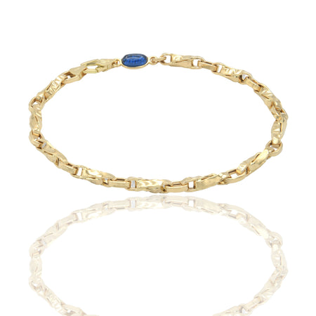 Bracciale Oro Giallo Oro 18 carati Catena Intrecciata E Rigata pietra blu cm. 21,5