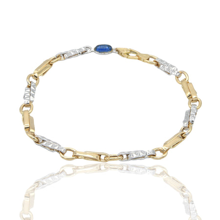 Bracciale Oro Giallo Oro Bianco Oro 18 carati Catena Schiacciata  Rigata pietra blu cm. 21,5