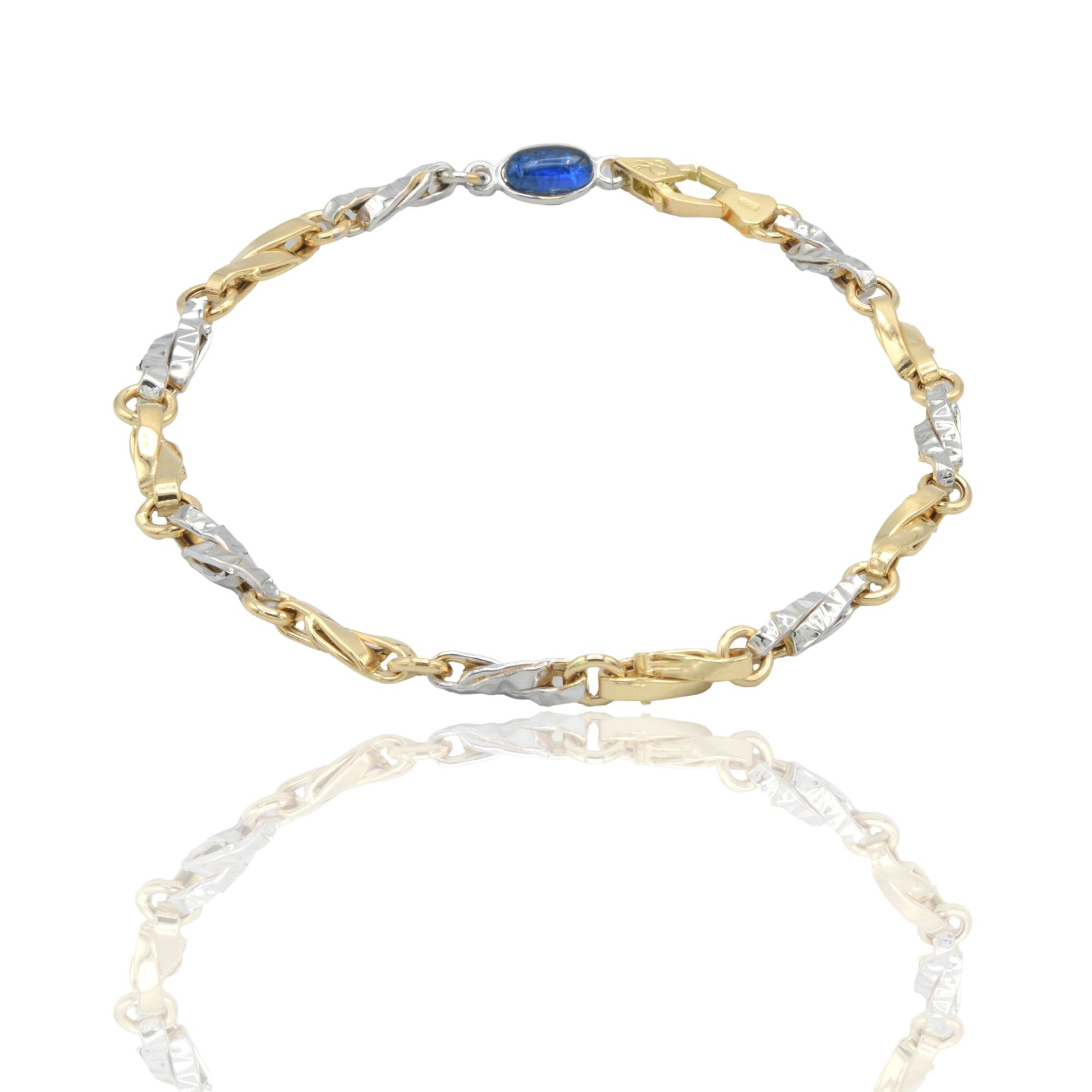 Bracciale Oro Giallo Oro Bianco Oro 18 carati Catena Schiacciata  Rigata pietra blu cm. 21,5