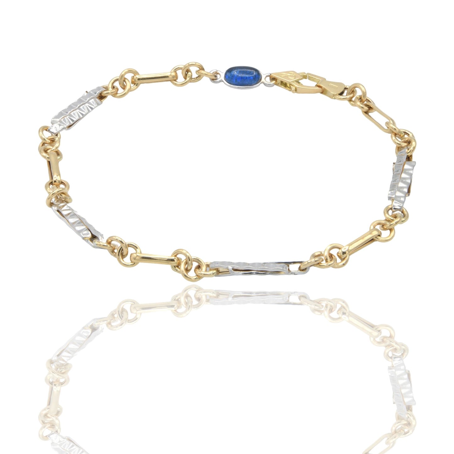 Bracciale Oro Giallo Oro Bianco Oro 18 carati Catena Rigata e Tondini pietra blu cm. 21,5