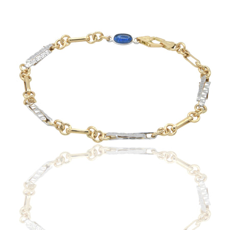 Bracciale Oro Giallo Oro Bianco Oro 18 carati Catena Rigata e Tondini pietra blu cm. 21,5