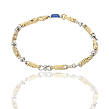 Bracciale Oro Giallo Oro Bianco Oro 18 carati Catena alternata con  Greca pietra blu cm. 21,5