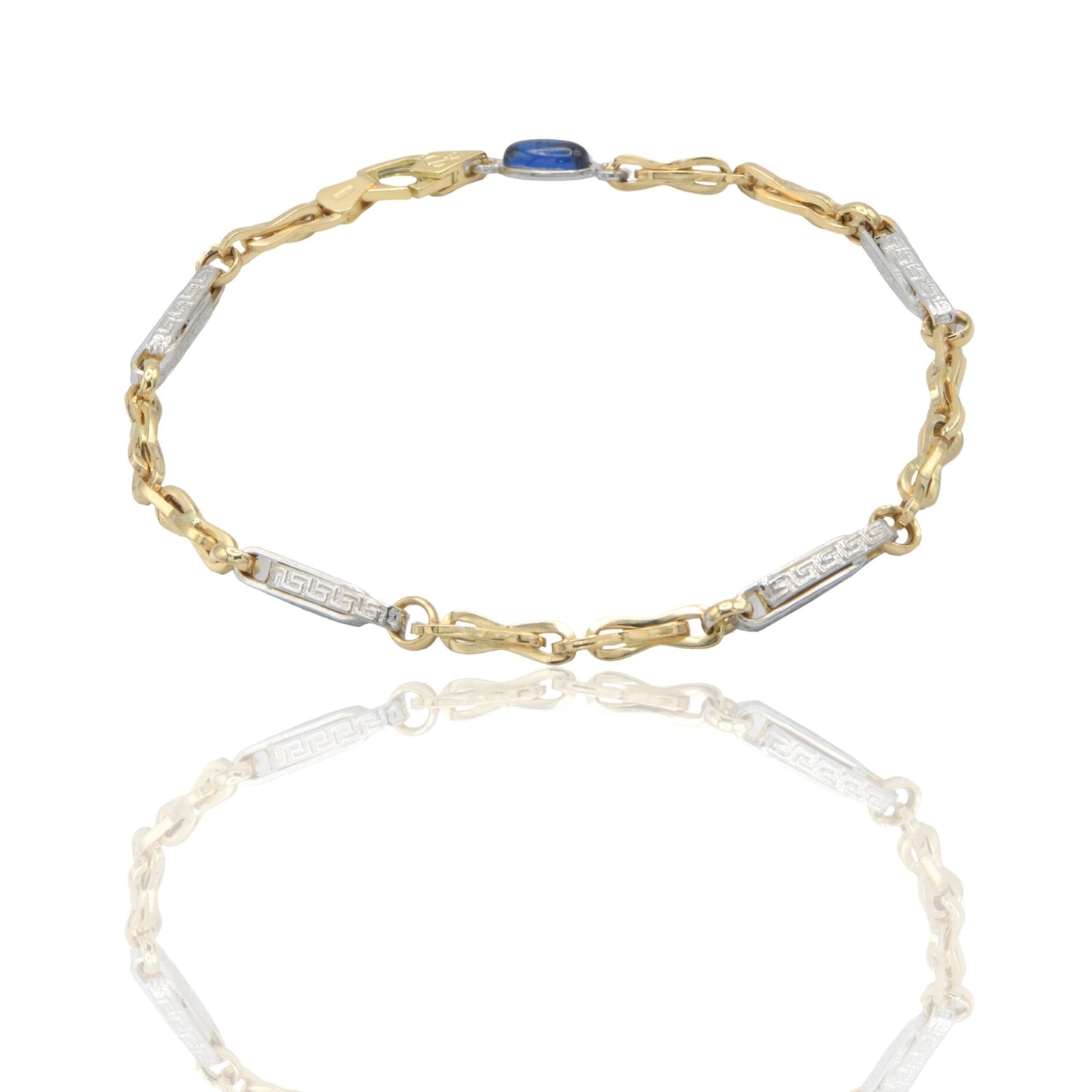 Bracciale Oro Giallo Oro Bianco Oro 18 carati Catena alternata con  Greca pietra blu cm. 21,5