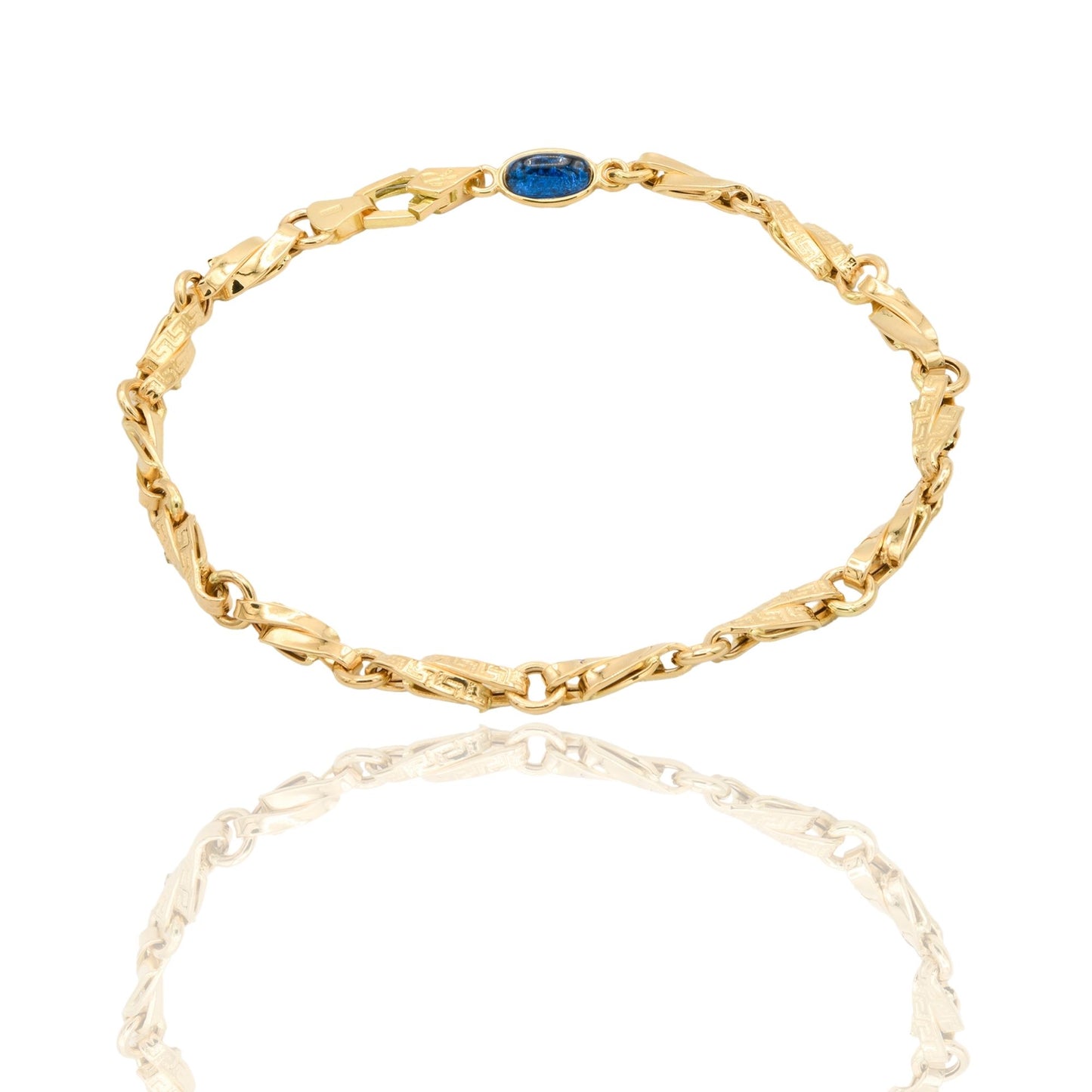 Bracciale Oro Giallo Oro 18 carati Catena Alternata Con Greca pietra blu cm. 21,5